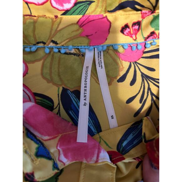 Anthropologie Yellow Tropical Satin Like 100% Polyester Top Button Up Size XS - Picture 6 of 7